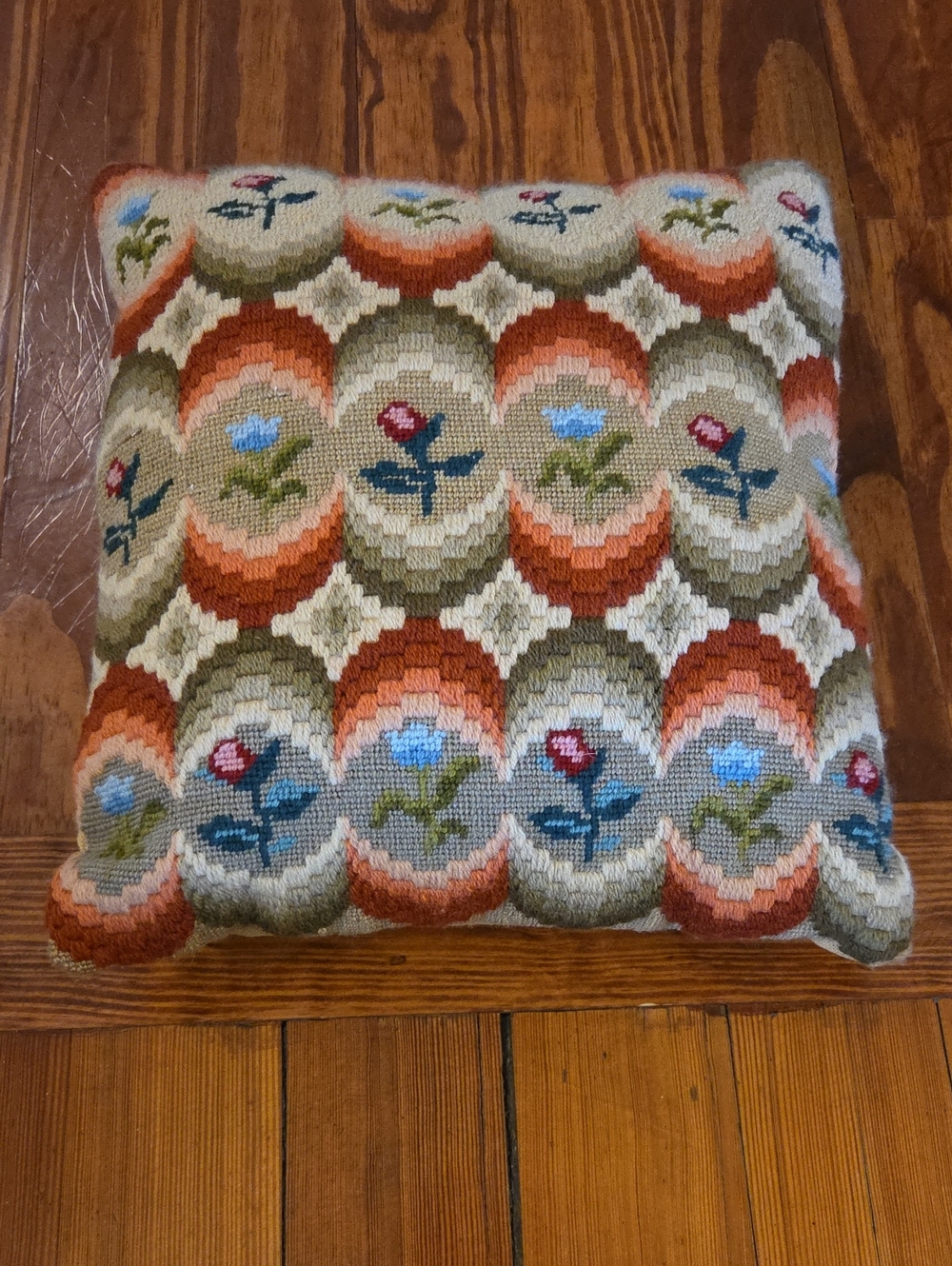 Handcrafted Multicolor Cottage Core Needlepoint Throw Pillow